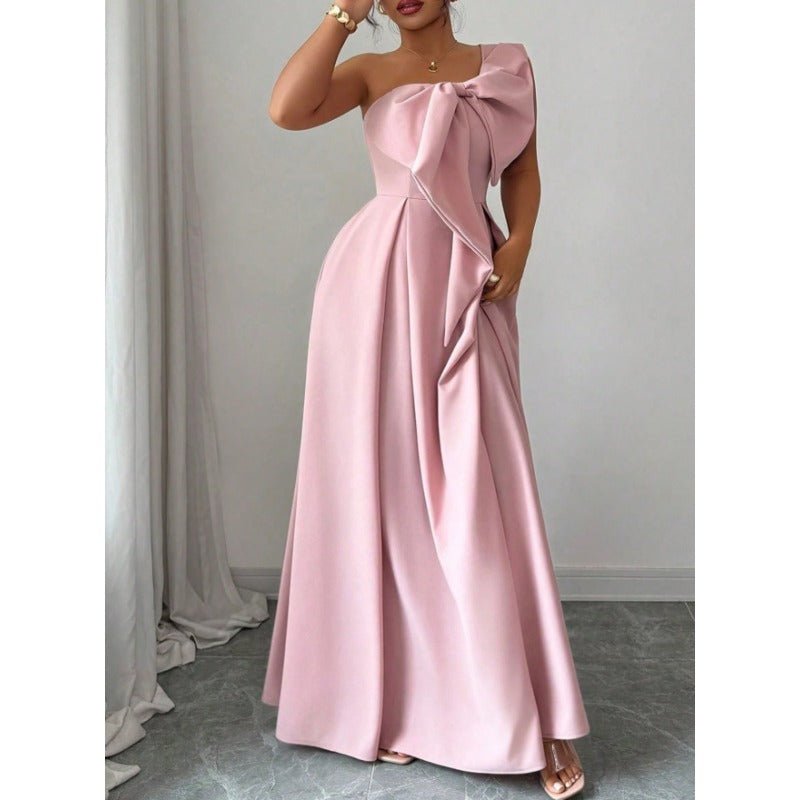 High - Quality One Shoulder Bow Satin Maxi Evening Gown, High Waist Slimming Flared Formal Dress - Coscosmos