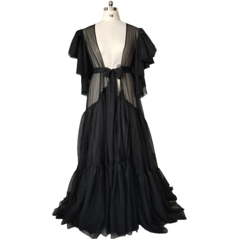 Maternity Kimono Robe Sheer Lace Nightgown Open Front Wedding Dress for Pregnancy Photo Shoot Black - Coscosmos