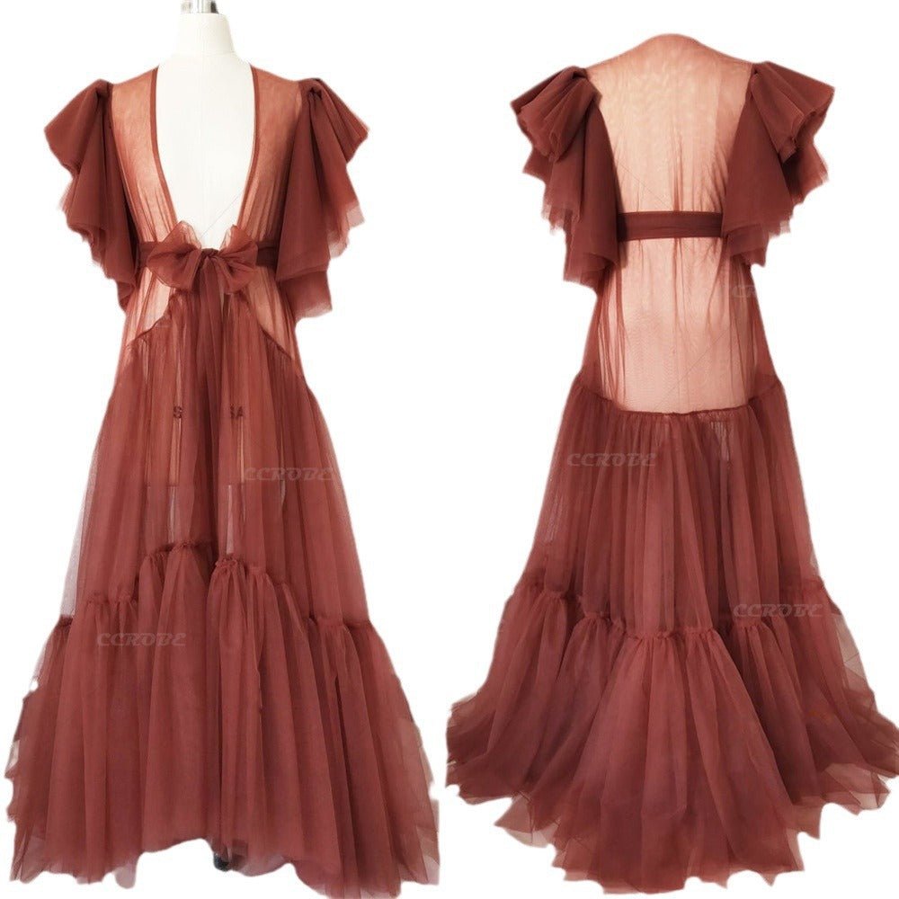 Maternity Kimono Robe Sheer Lace Nightgown Open Front Wedding Dress for Pregnancy Photo Shoot Black - Coscosmos