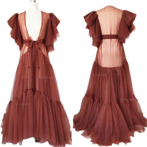 Maternity Kimono Robe Sheer Lace Nightgown Open Front Wedding Dress for Pregnancy Photo Shoot Black - Coscosmos