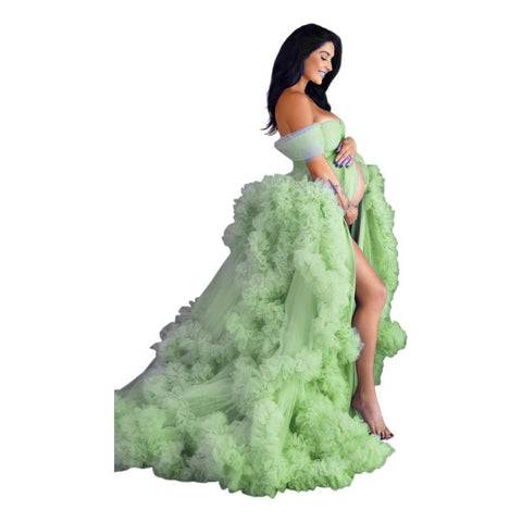 Maternity Photo Shoot Dress Blue Evening Gown with Front Slit for Cosplay and Special Occasions - Coscosmos