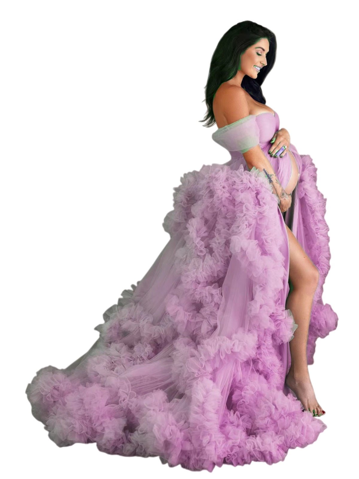 Maternity Photo Shoot Dress Blue Evening Gown with Front Slit for Cosplay and Special Occasions - Coscosmos