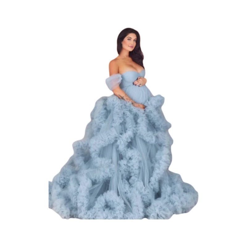 Maternity Photo Shoot Dress Blue Evening Gown with Front Slit for Cosplay and Special Occasions - Coscosmos