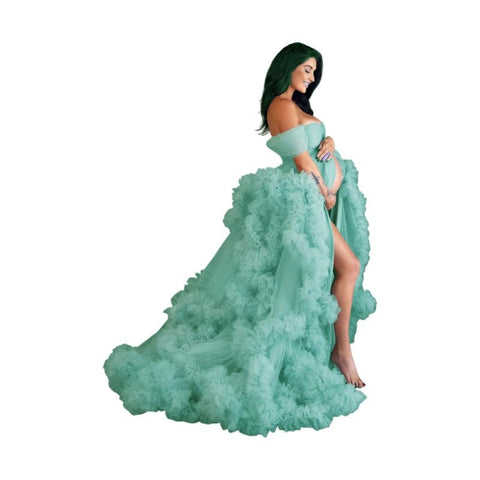 Maternity Photo Shoot Dress Blue Evening Gown with Front Slit for Cosplay and Special Occasions - Coscosmos