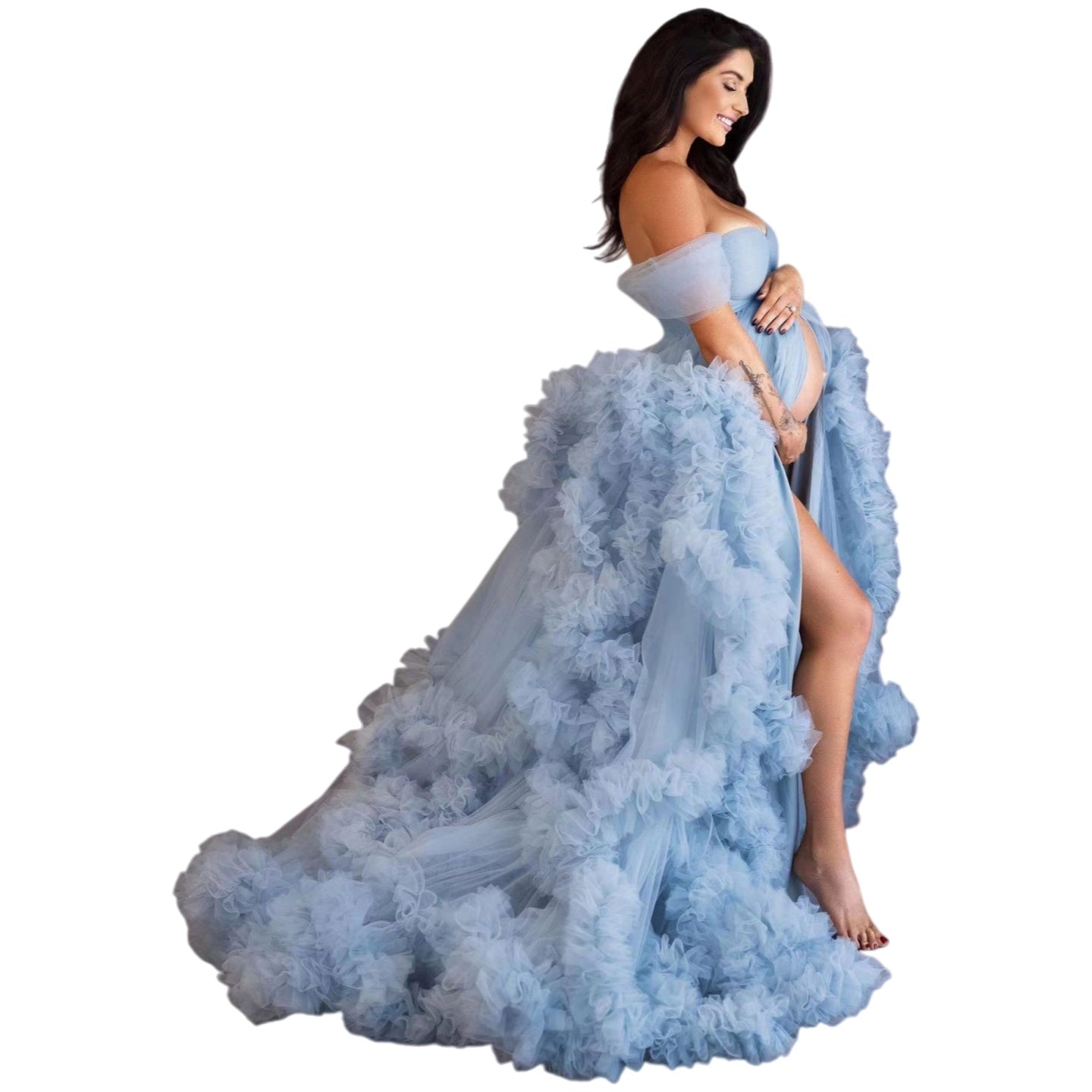 Maternity Photoshoot Lace Robe One Shoulder Morning Gown Light Pink 696 - Elegant Pregnancy Dress for Baby Shower & Bridal Party - Coscosmos