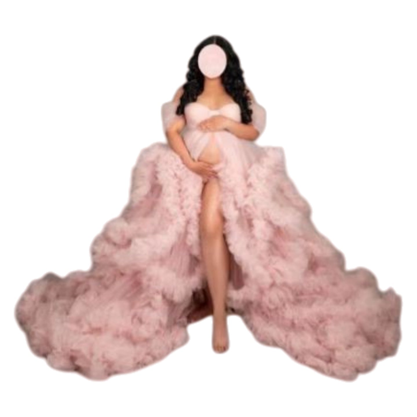 Maternity Photoshoot Lace Robe One Shoulder Morning Gown Light Pink 696 - Elegant Pregnancy Dress for Baby Shower & Bridal Party - Coscosmos