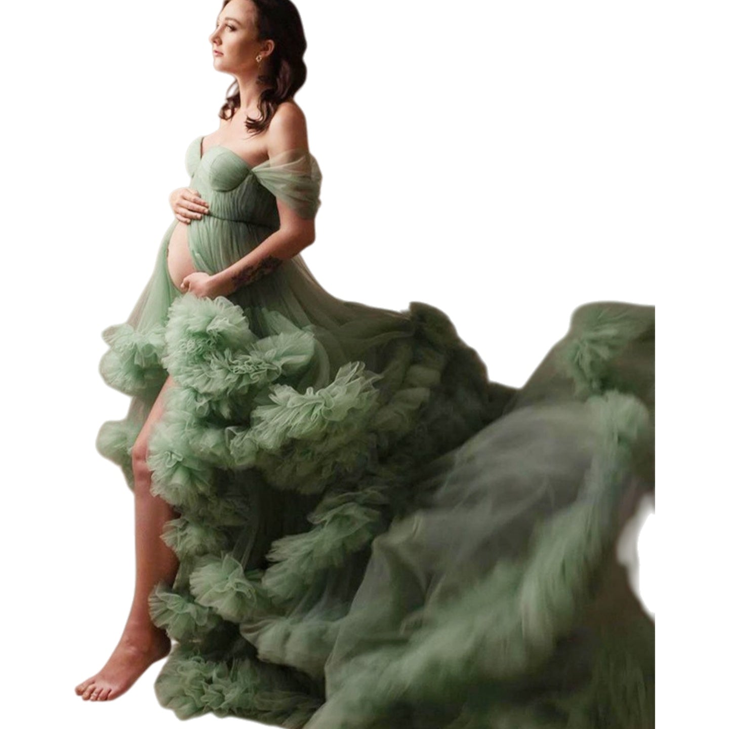 Maternity Photoshoot Lace Robe One Shoulder Morning Gown Light Pink 696 - Elegant Pregnancy Dress for Baby Shower & Bridal Party - Coscosmos