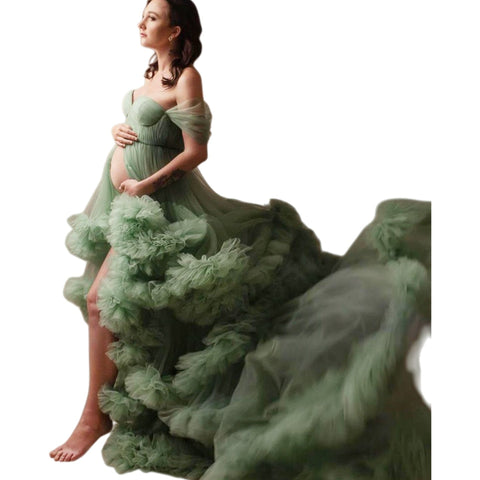 Maternity Photoshoot Lace Robe One Shoulder Morning Gown Light Pink 696 - Elegant Pregnancy Dress for Baby Shower & Bridal Party - Coscosmos