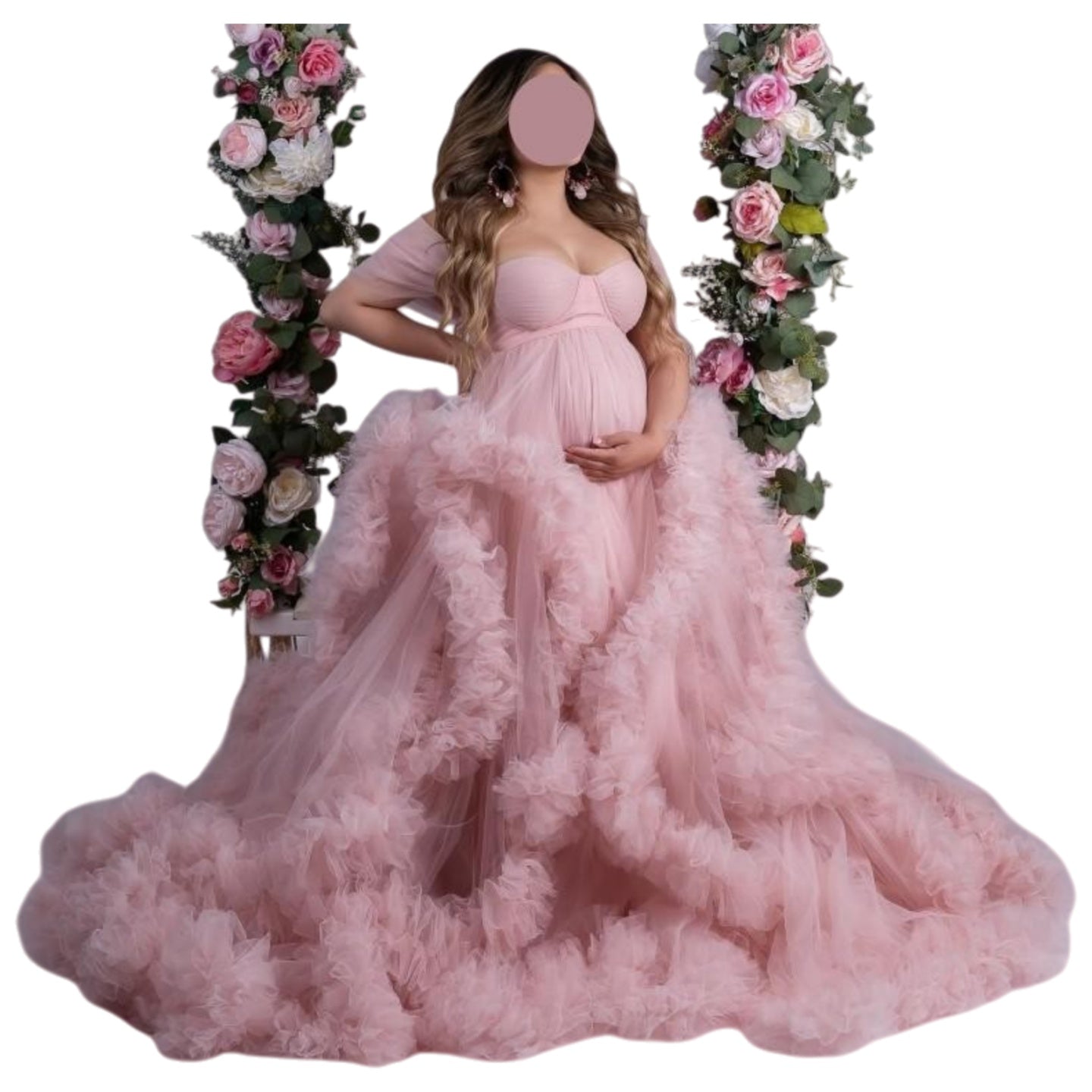 Maternity Photoshoot Lace Robe One Shoulder Morning Gown Light Pink 696 - Elegant Pregnancy Dress for Baby Shower & Bridal Party - Coscosmos