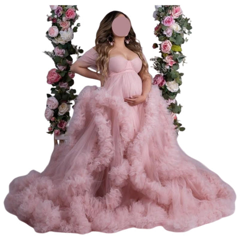 Maternity Photoshoot Lace Robe One Shoulder Morning Gown Light Pink 696 - Elegant Pregnancy Dress for Baby Shower & Bridal Party - Coscosmos