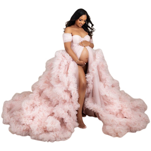 Maternity Photoshoot Lace Robe One Shoulder Morning Gown Light Pink 696 - Elegant Pregnancy Dress for Baby Shower & Bridal Party - Coscosmos