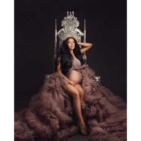 Maternity Photoshoot Mermaid Evening Gown Deep V - Neck Lace Cake Dress for Pregnancy Photography - Coscosmos