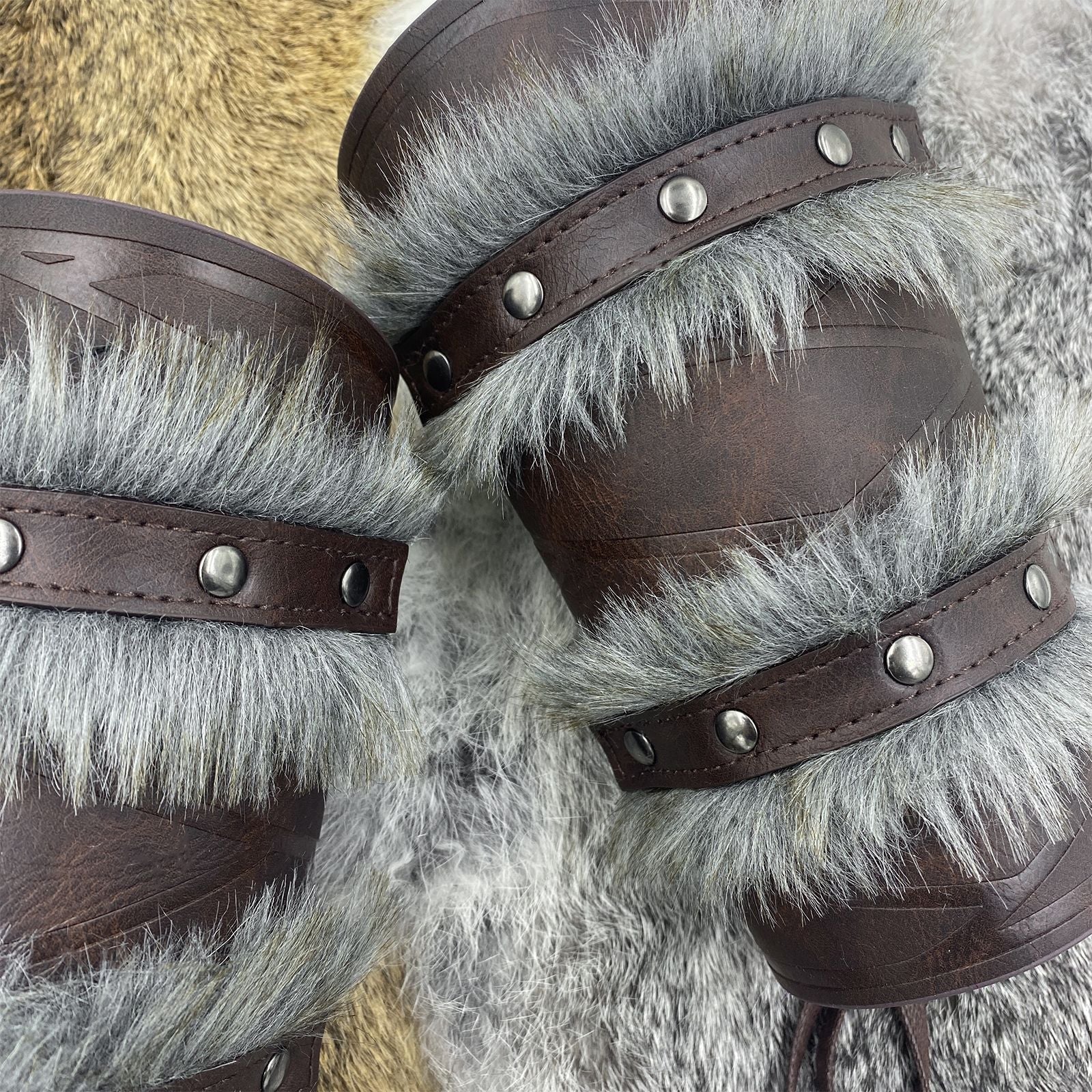 Medieval Double - Layered Fur Bracers Nordic Viking Style Cosplay Arm Guards - Coscosmos