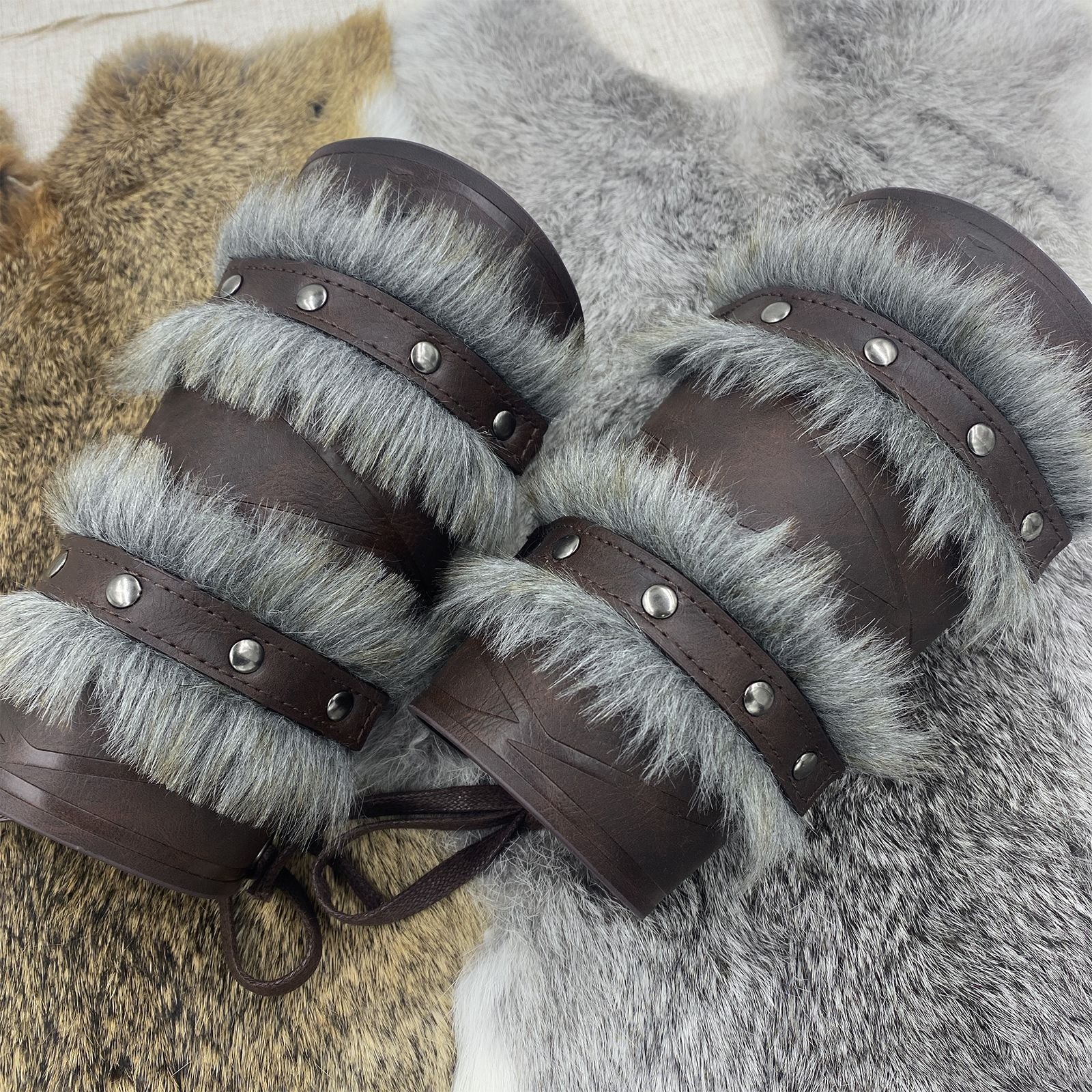 Medieval Double - Layered Fur Bracers Nordic Viking Style Cosplay Arm Guards - Coscosmos