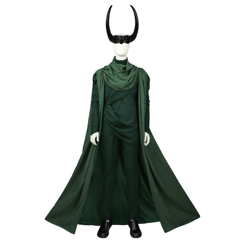 Men Loki Cosplay Costume - Deluxe Marvel Battle Uniform with Green Cape Cloak - Coscosmos