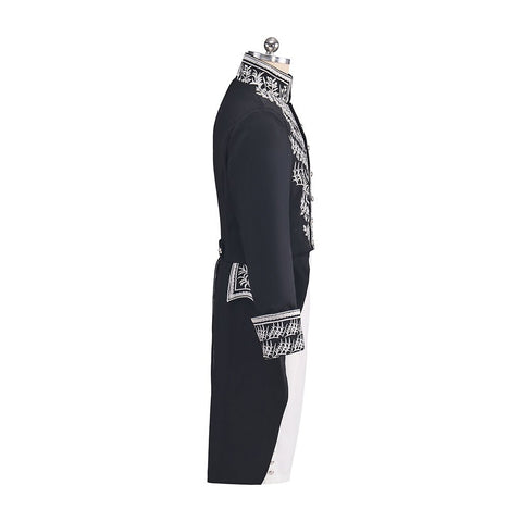 Men's Court Prince Set - Black & Silver Trim Medieval Tuxedo Coat Vest Pants Suits Cosplay Costume - Coscosmos