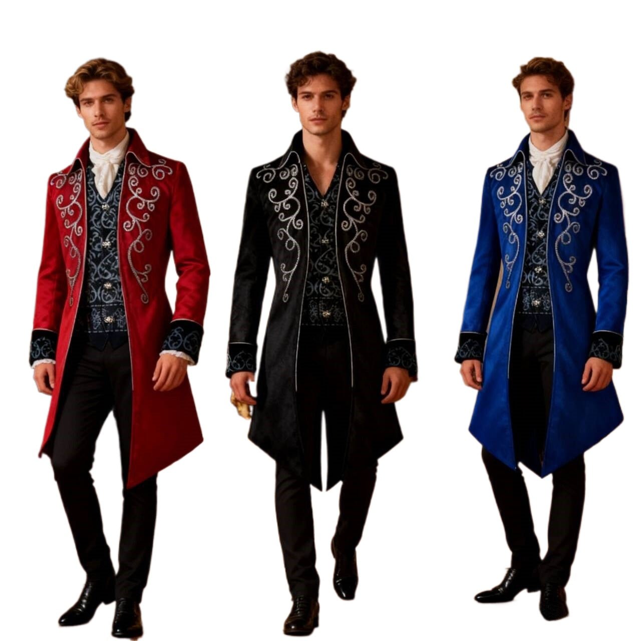 Men's Medieval Retro Mid - Length Silver - Trim Tuxedo - Royal Court Cosplay Costume, Renaissance Faire Outfit, Historical Tailcoat Jacket - Coscosmos