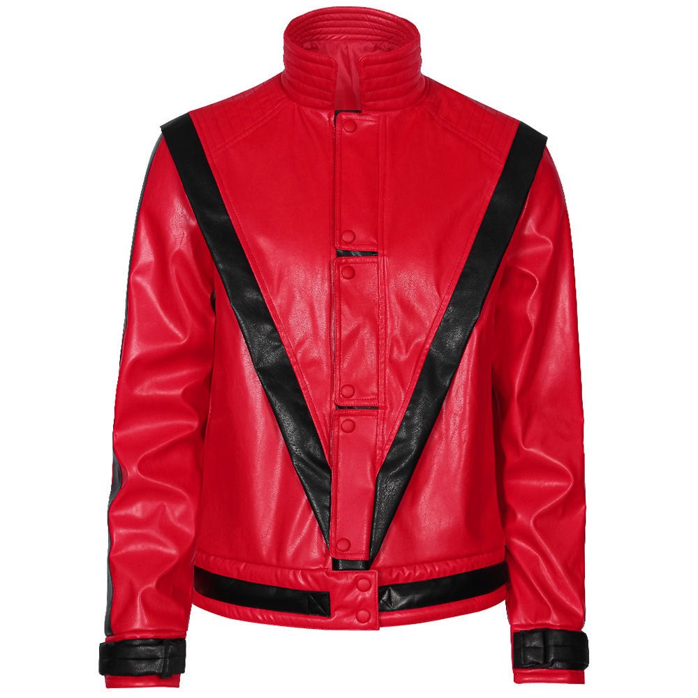 Men's Michael Jackson Cosplay Costume, Red Leather Jacket Thriller Halloween Stage Outfit - Coscosmos