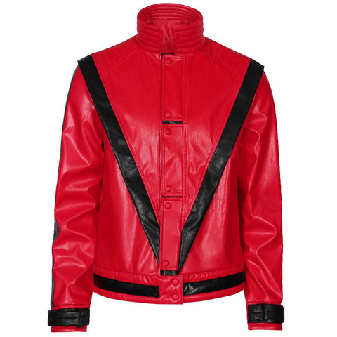 Men's Michael Jackson Cosplay Costume, Red Leather Jacket Thriller Halloween Stage Outfit - Coscosmos
