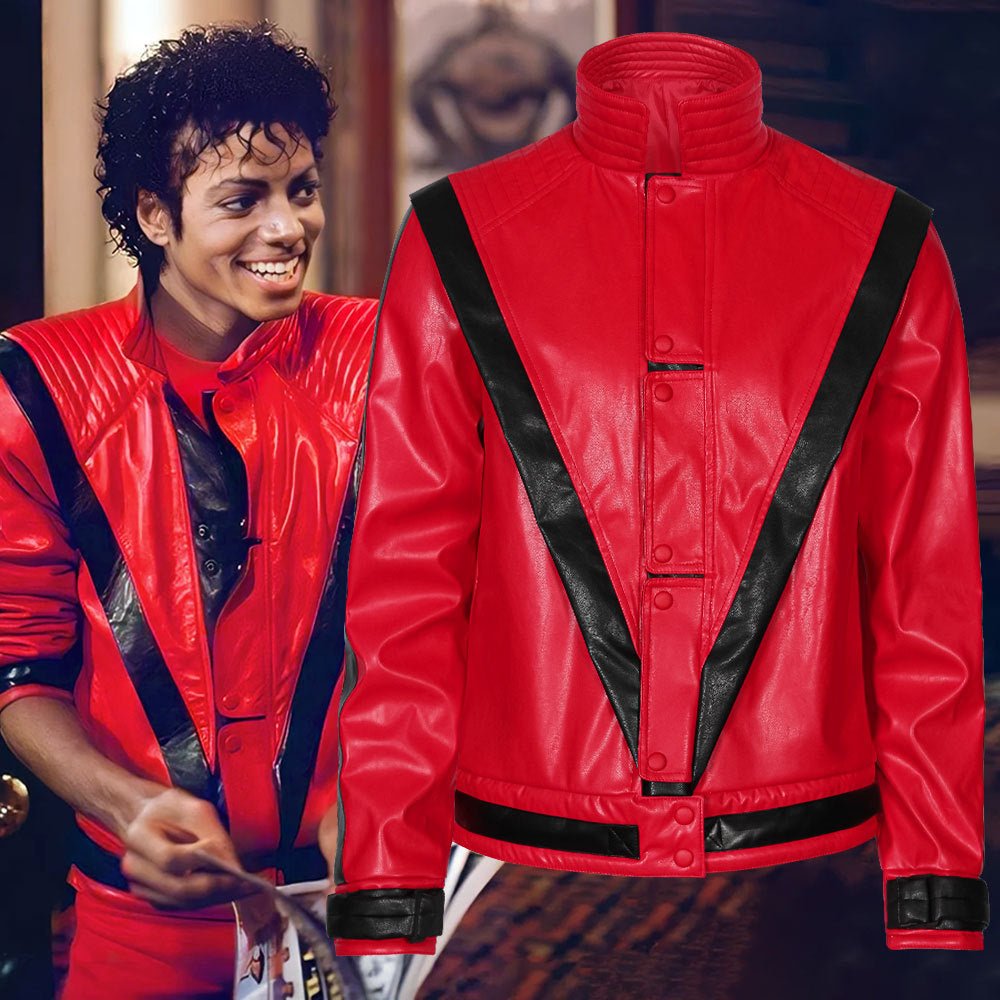 Men's Michael Jackson Cosplay Costume, Red Leather Jacket Thriller Halloween Stage Outfit - Coscosmos