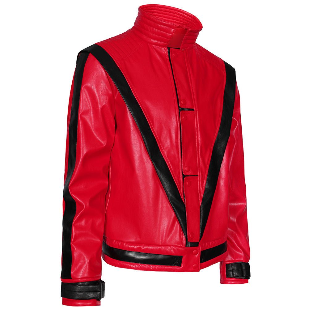 Men's Michael Jackson Cosplay Costume, Red Leather Jacket Thriller Halloween Stage Outfit - Coscosmos