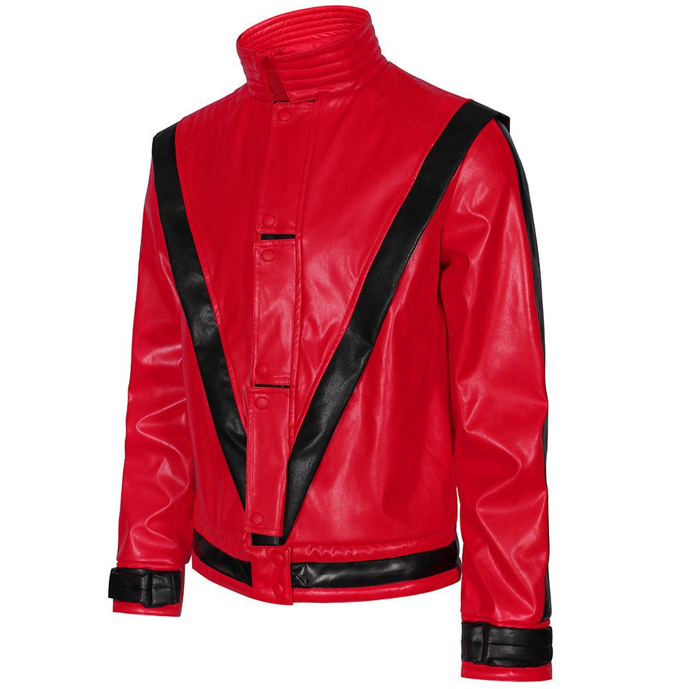 Men's Michael Jackson Cosplay Costume, Red Leather Jacket Thriller Halloween Stage Outfit - Coscosmos