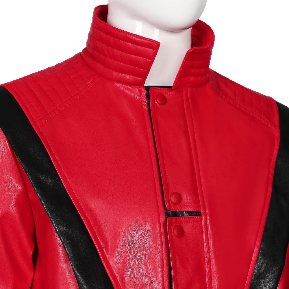 Men's Michael Jackson Cosplay Costume, Red Leather Jacket Thriller Halloween Stage Outfit - Coscosmos