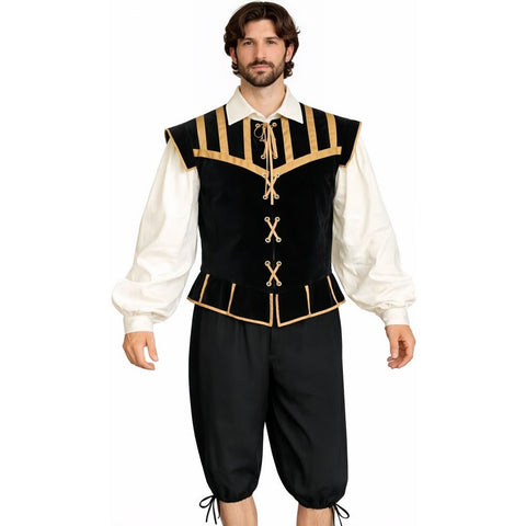 Men's Renaissance Costume 3 Piece Set | Medieval Doublet Breeches Shirt | Red Blue Black - Coscosmos