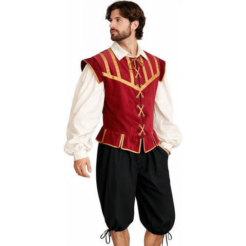 Men's Renaissance Costume 3 Piece Set | Medieval Doublet Breeches Shirt | Red Blue Black - Coscosmos