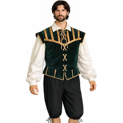 Men's Renaissance Costume 3 Piece Set | Medieval Doublet Breeches Shirt | Red Blue Black - Coscosmos