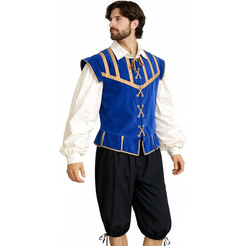Men's Renaissance Costume 3 Piece Set | Medieval Doublet Breeches Shirt | Red Blue Black - Coscosmos