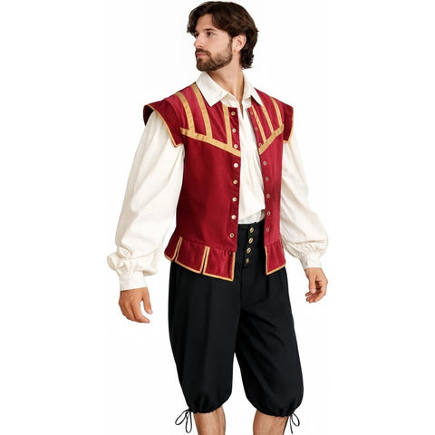 Men's Renaissance Costume 3 Piece Set | Medieval Doublet Breeches Shirt | Red Blue Black - Coscosmos