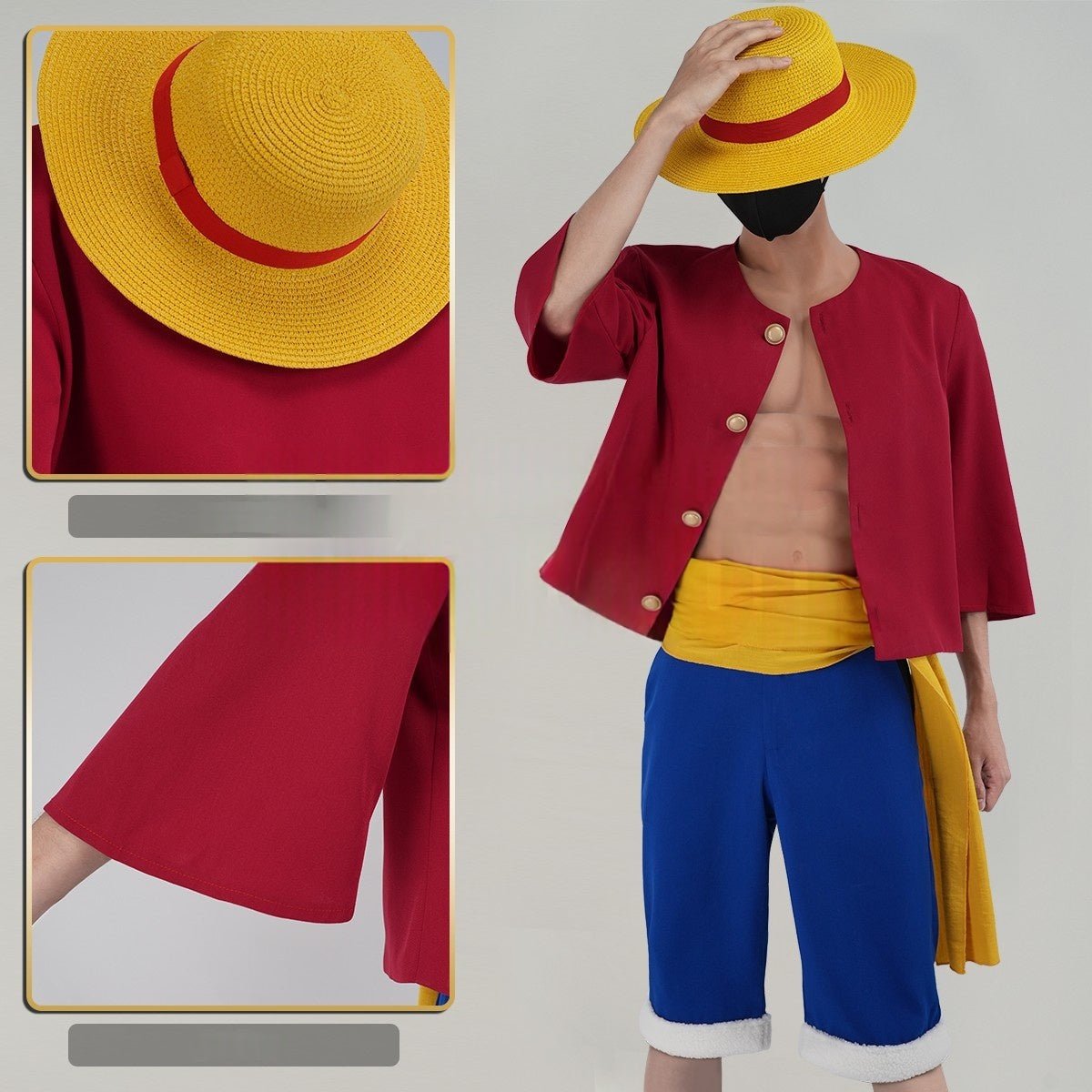 Mens Monkey D. Luffy Complete Cosplay Costume – One Piece Anime Outfit With Hat For Halloween