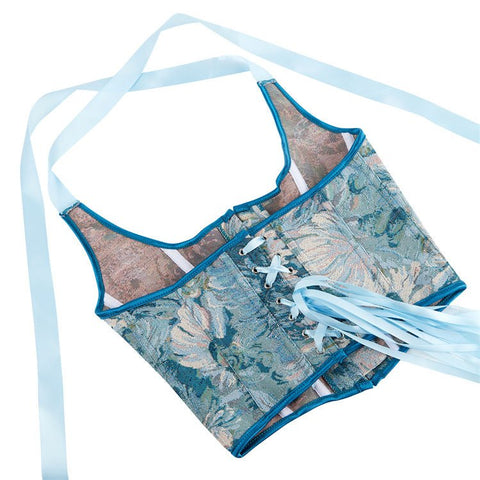 New Blue Ribbon Halter Women's Bustier Corset Top - Elegant Cosplay Costume - Coscosmos