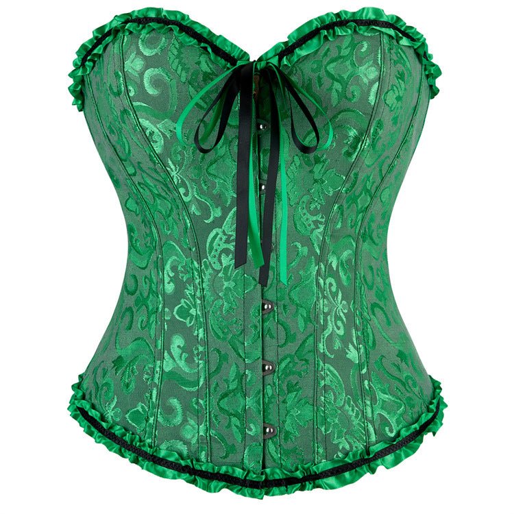New Chinese - Style Jacquard Large - Size Waist - Cinching Outerwear Boned Corset Bustier with Steel Buckle Lacing - Coscosmos