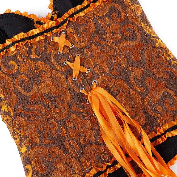 New Chinese - Style Jacquard Large - Size Waist - Cinching Outerwear Boned Corset Bustier with Steel Buckle Lacing - Coscosmos