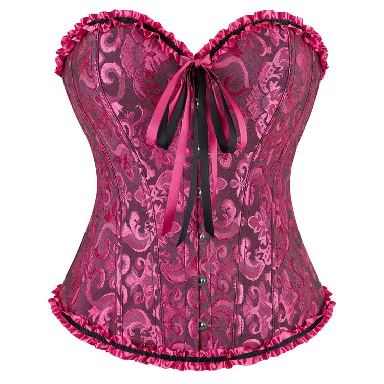 New Chinese - Style Jacquard Large - Size Waist - Cinching Outerwear Boned Corset Bustier with Steel Buckle Lacing - Coscosmos