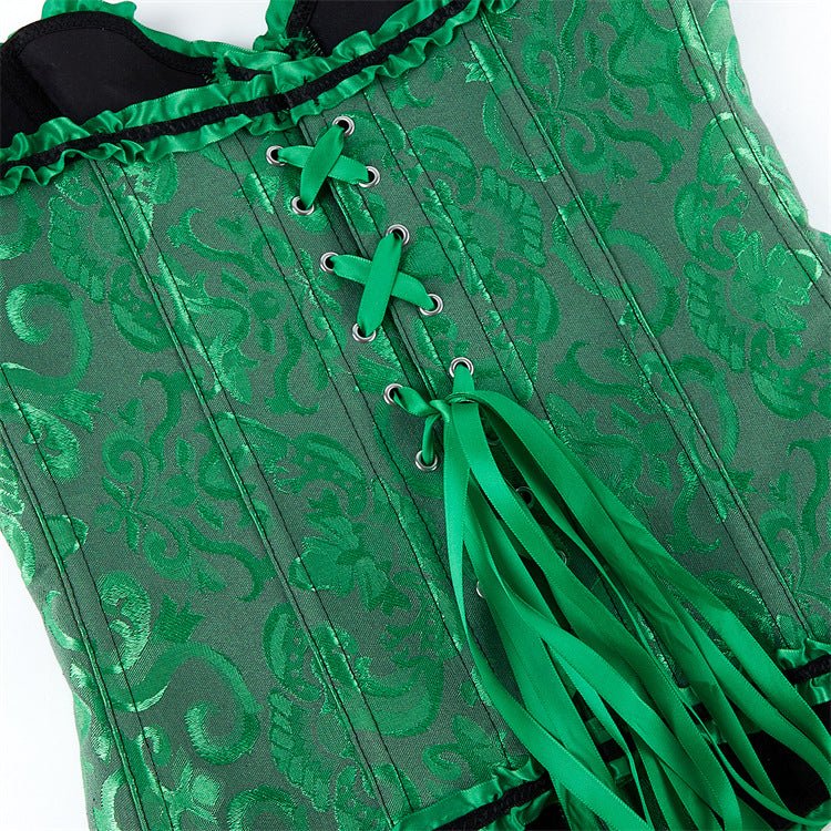 New Chinese - Style Jacquard Large - Size Waist - Cinching Outerwear Boned Corset Bustier with Steel Buckle Lacing - Coscosmos