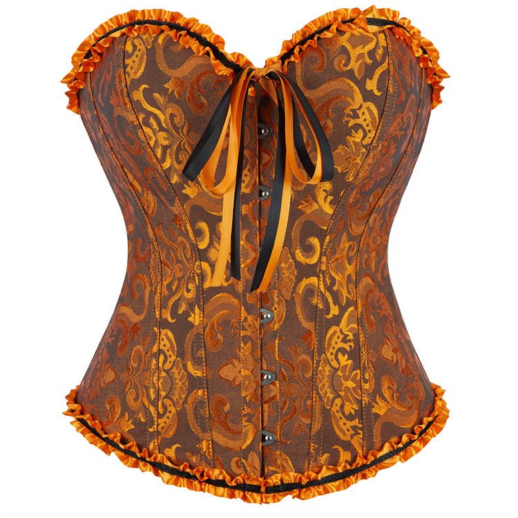 New Chinese - Style Jacquard Large - Size Waist - Cinching Outerwear Boned Corset Bustier with Steel Buckle Lacing - Coscosmos