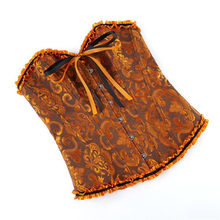 New Chinese - Style Jacquard Large - Size Waist - Cinching Outerwear Boned Corset Bustier with Steel Buckle Lacing - Coscosmos