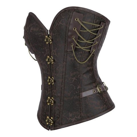 New Dark Brown Chain - Decorated Steel - Boned Gothic Retro Bustier Top - Medieval Gothic Revival Corset with Chain Decor - Coscosmos