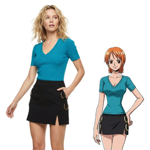 One Piece Live - Action Season 2 - Nami (Blue Short - Sleeve) Complete Costume Set - Coscosmos
