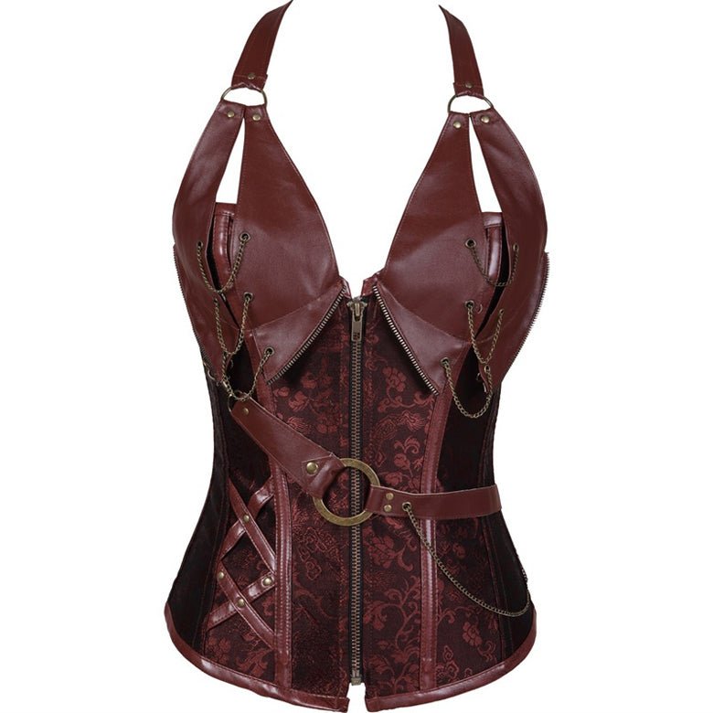 Plus - Size European Steampunk Leather Corset with Belt Halter Top - Victorian Gothic Lace - up Bustier - Coscosmos