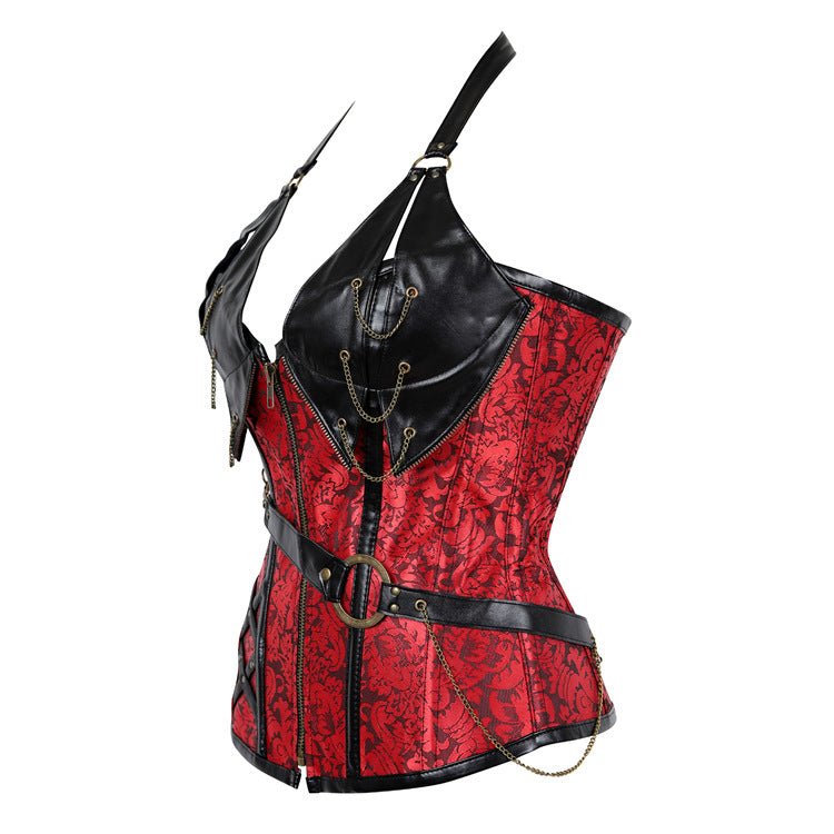Plus - Size European Steampunk Leather Corset with Belt Halter Top - Victorian Gothic Lace - up Bustier - Coscosmos