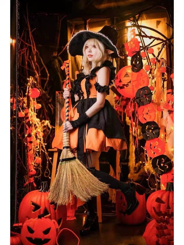 Pumpkin Little Witch Lolita Dress, Adult Witch Cosplay Costume - Coscosmos