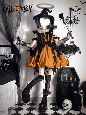 Pumpkin Little Witch Lolita Dress, Adult Witch Cosplay Costume - Coscosmos