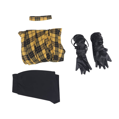 Punk Rock Women's Yellow Plaid Long Dress with Leather Sleeves - Coscosmos