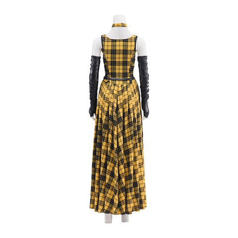 Punk Rock Women's Yellow Plaid Long Dress with Leather Sleeves - Coscosmos