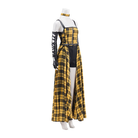 Punk Rock Women's Yellow Plaid Long Dress with Leather Sleeves - Coscosmos