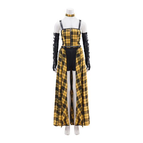 Punk Rock Women's Yellow Plaid Long Dress with Leather Sleeves - Coscosmos